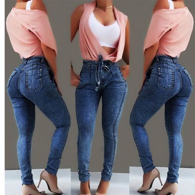 Women's Clothing Jeans Slim Fit Stretch Tassel Belt High Waist Jeans For Women_mkmklike.com