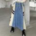 New Style Retro Design Stitching Contrast Color Denim Skirt Elastic Waist Drawstring Loose Long Skirt_mkmklike.com