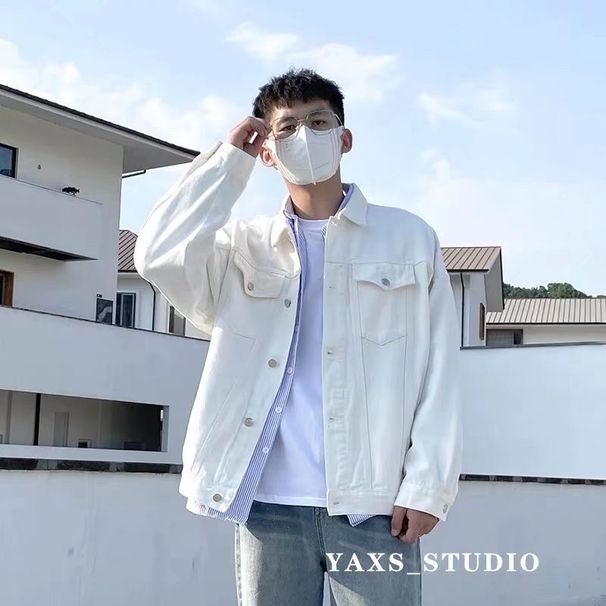 Loom Spring And Autumn White Denim Jacket For Men, Trendy Brand, Loose Fit Workwear Jacket, 2022 New Korean Style Fashion Top_mkmklike.com
