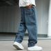 Men's Clothing Casual Striped Wide Leg Jeans With Multi Pockets American Street Style Blue Denim Jeans_mkmklike.com