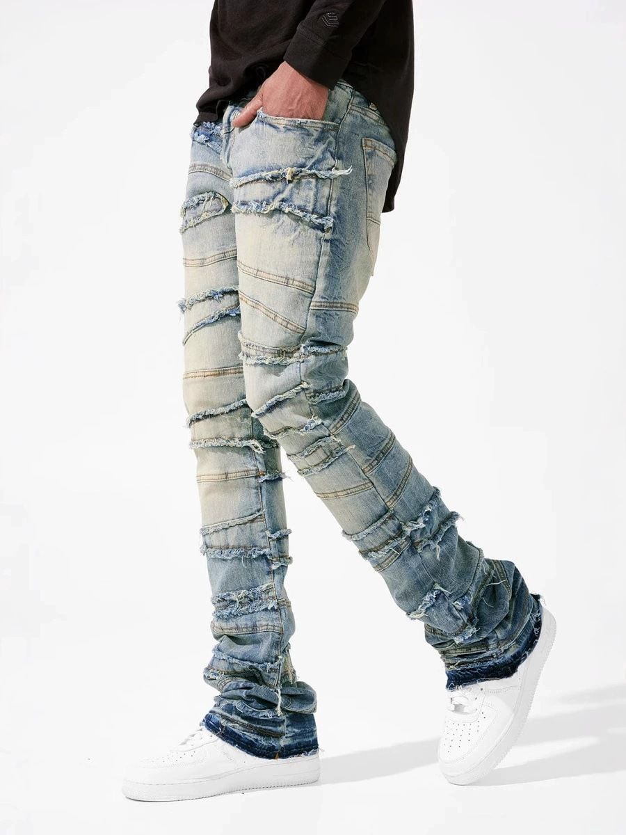 Men's Clothing Straight Leg Jeans - Stretch Denim Pants With Patchwork Details, Trendy Streetwear For Casual & Urban Style (S-XL, Black/Grey)_mkmklike.com