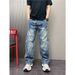 Men's Vintage Washed Denim Pants, Gradient Straight-Leg Jeans With Unique Curved Hem Design For Casual Wear_mkmklike.com