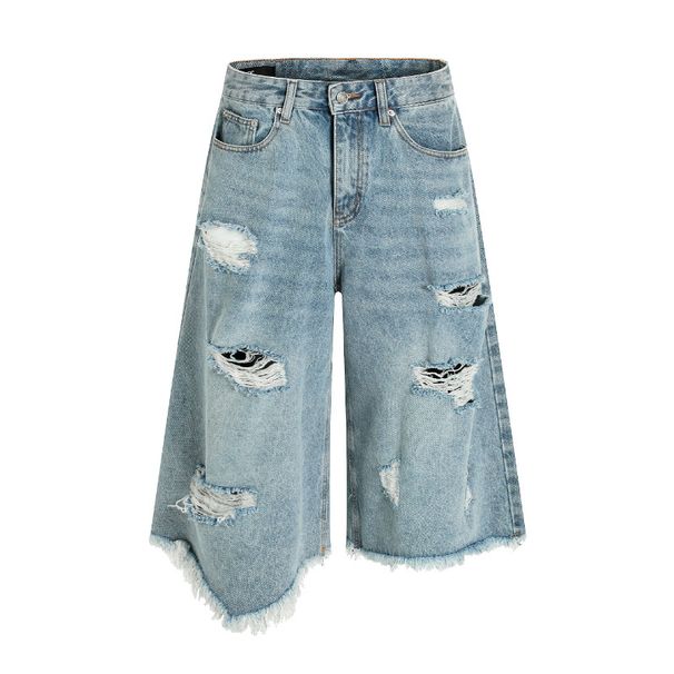 Men's Clothing Retro High Street Washed Irregular Ripped Denim Shorts Trendy Rest Wide Leg Loose Cropped Trousers_mkmklike.com