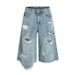 Men's Clothing Retro High Street Washed Irregular Ripped Denim Shorts Trendy Rest Wide Leg Loose Cropped Trousers_mkmklike.com