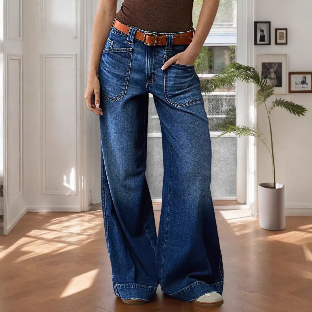 Women's Slimming Stretch Wide Leg Jeans Loose Fitting Straight Leg Denim for Casual Comfortable Wear_mkmklike.com