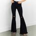 Women's Clothing Black Stretch Flared Jeans With Distressed Hem & Fringe – Slim Fit Mid-Rise Vintage Denim (S-XXL)_mkmklike.com