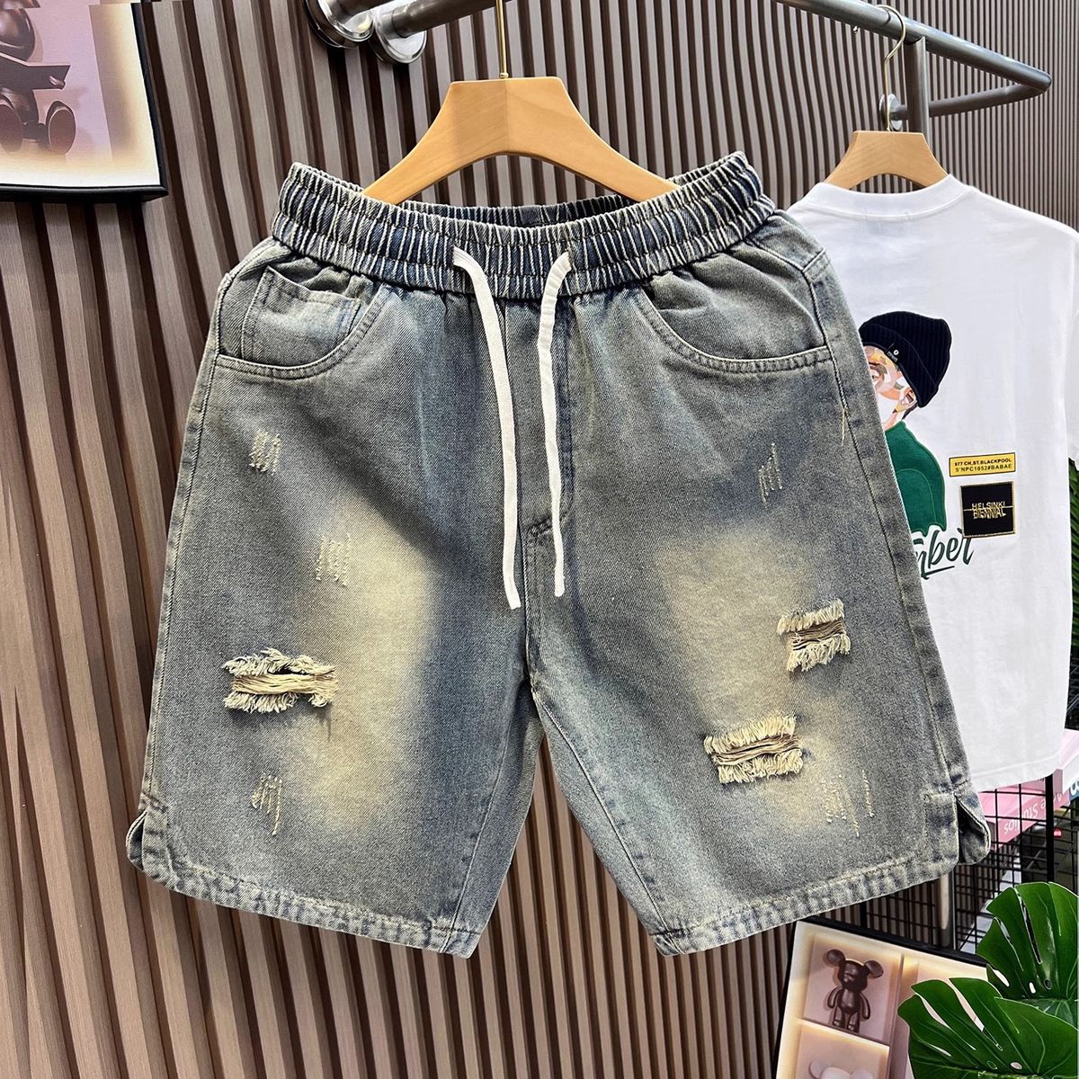 Men's Ripped Denim Shorts for Teenagers Loose Fit American Retro Style Thin Summer Trendy Cool Five Point Pants_mkmklike.com
