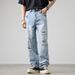 Vintage Wash Men's Relaxed Fit Straight Leg Jeans - Light Blue Distressed Cotton Trousers For Urban Style (S-3XL)_mkmklike.com