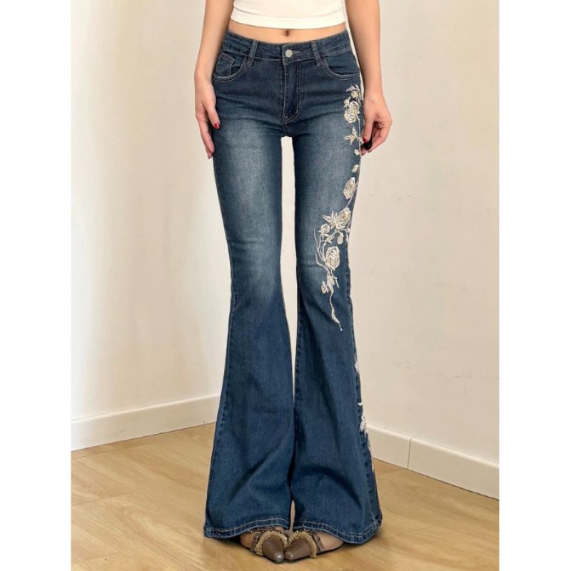 Vintage Rose Embroidered Flare Jeans For Women – Y2K Stretch Denim, Slim Fit, Low-Rise (Blue, S-XL)_mkmklike.com