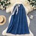 Korean Style Retro Silk Scarf Denim Midi Skirt For Women High Waisted Slimming A-Line Long Skirt Spring Commuting Hong Kong Style_mkmklike.com