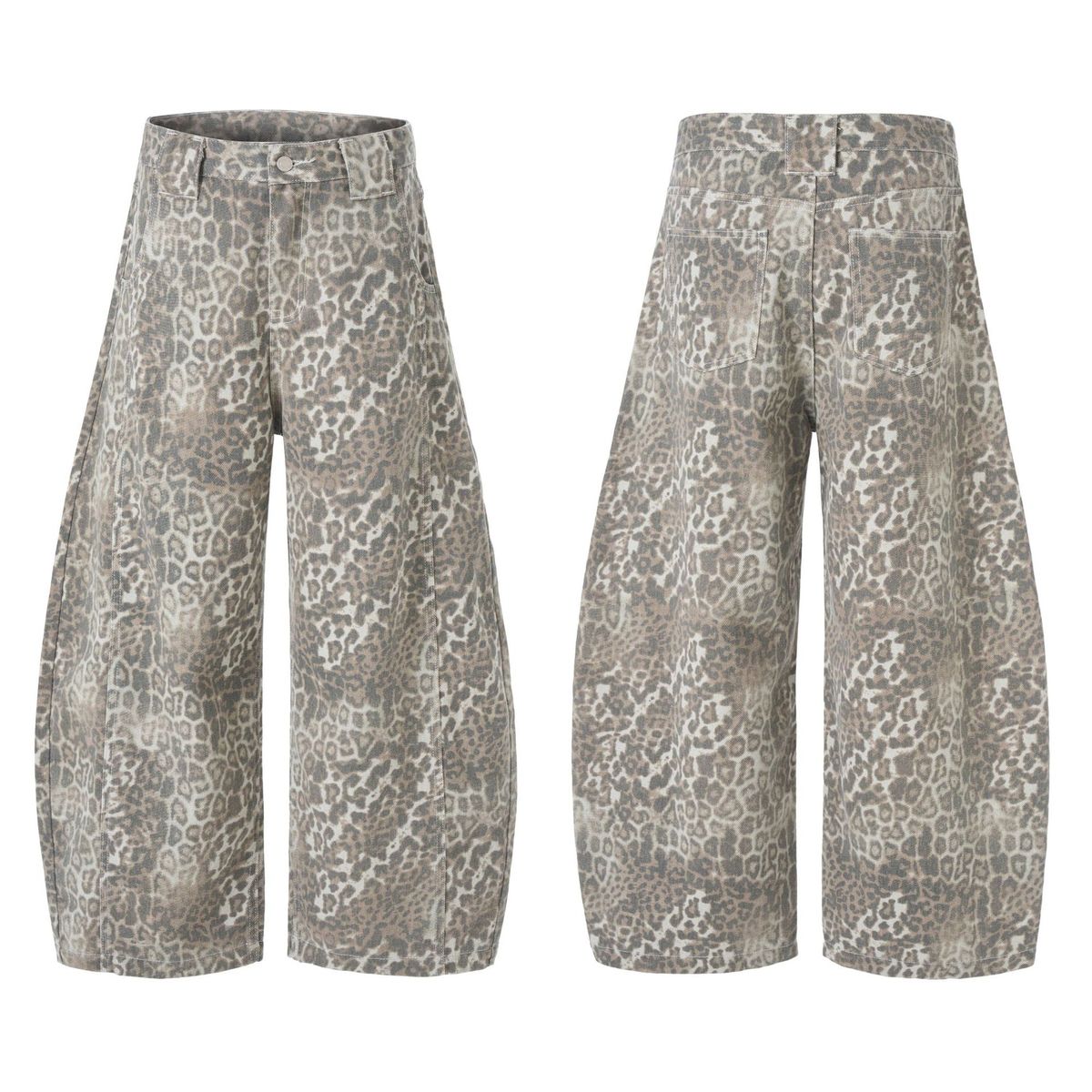 Men's Fashionable Wide-Leg Washed Leopard Print Jeans - Relaxed Fit Straight Denim Pants For Casual Wear_mkmklike.com