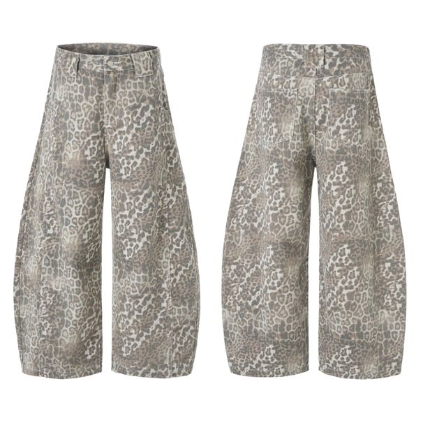Men's Fashionable Wide-Leg Washed Leopard Print Jeans - Relaxed Fit Straight Denim Pants For Casual Wear_mkmklike.com