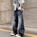 Men's American Style Heavyweight Washed Denim Jeans Straight Leg Loose Fit Casual Trendy Retro Wide Leg Pants_mkmklike.com