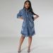K Large Size Women's New Denim Ripped Tassel Short Sleeved Lapel Dress_mkmklike.com