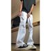 American Printed Jeans Unisex Spring Summer Cool Versatile Slim Straight Flared Pants High Street White_mkmklike.com