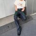Y2K Flared Jeans For Unisex, Raw Black, Neon Green Geometric Wing Patch, Stacked, Breathable Summer_mkmklike.com