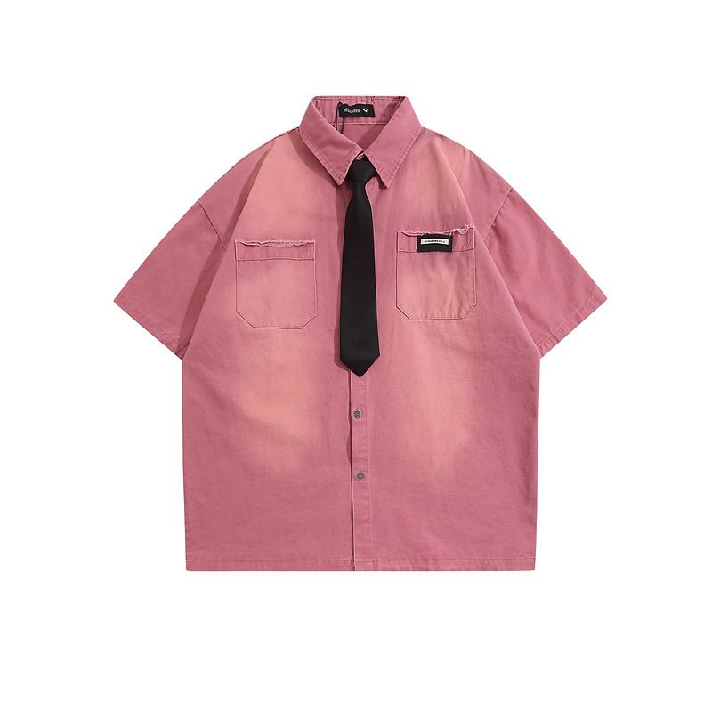 Men's Clothing Washed Retro Denim Short Sleeved Shirt Trendy College Style Loose Shirt_mkmklike.com