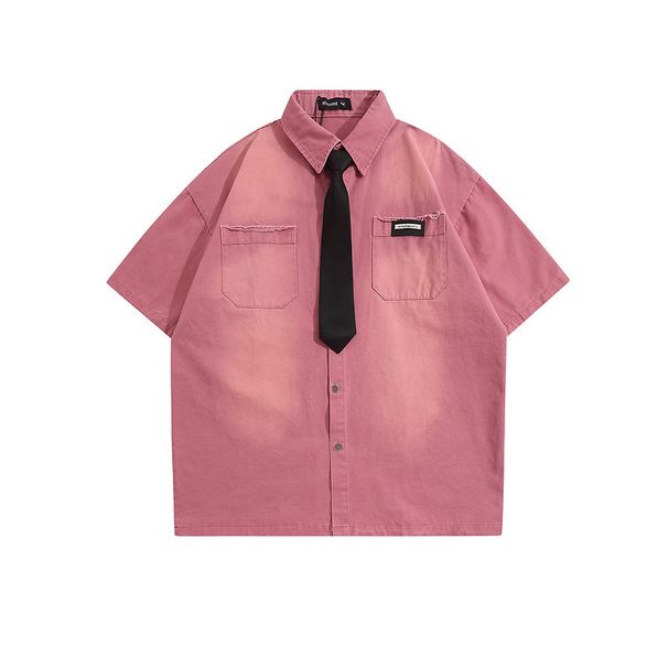 Men's Clothing Washed Retro Denim Short Sleeved Shirt Trendy College Style Loose Shirt_mkmklike.com