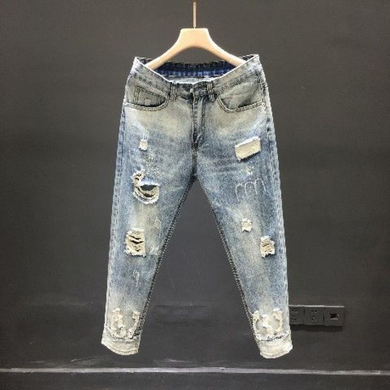 Ripped Jeans Men's Hong Kong Style New Fashion Brand Youth Fashion Nine-point Pants Slim Foot Pants Trendy Beggar Pants_mkmklike.com