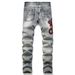 Men's Sanke Embroidery Stretch Denim Jeans Streetwear Red Leather Patch Slim Tapered Pants With Holes And Rips Trousers_mkmklike.com