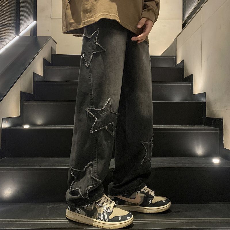 Men's Five Pointed Star Jeans High Street Style Straight Leg Loose Wide Leg Pants Summer Trendy_mkmklike.com