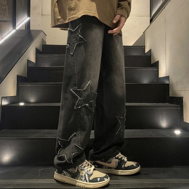 Men's Five Pointed Star Jeans High Street Style Straight Leg Loose Wide Leg Pants Summer Trendy_mkmklike.com