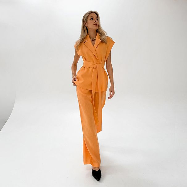 Women's Clothing Versatile vitality orange cotton and linen commuting street style sleeveless lace-up vest wide-leg pants suit_mkmklike.com