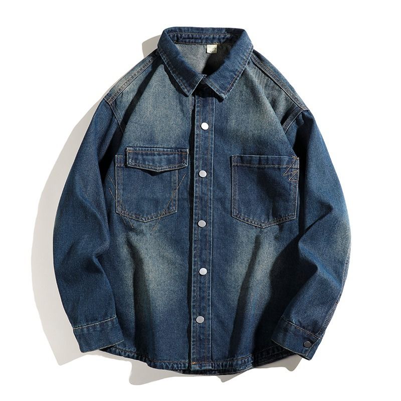 American High Street Spring Autumn Washed Denim Long Sleeved Shirt, Brand Workwear, Rugged And Handsome, Old-Fashioned_mkmklike.com