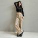 Khaki Large-pocket Workwear Jeans Women, Autumn And Winter, Loose, Floor-length, Casual, Stretchy Flared Pants,_mkmklike.com