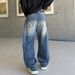 Men's Clothing Vintage Washed Straight-Leg Jeans For Men – Distressed High Street Denim With Raw Hem & Faded Blue Wash (Relaxed Fit, Non-Stretch )_mkmklike.com