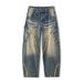 Men's Vintage Distressed Straight Leg Jeans Retro Blue Breathable Casual Wide Leg Cotton Pants mid Waist Long Length_mkmklike.com