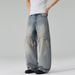 Men's Faux Two-Piece Patchwork Ripped Frayed Hem Straight Leg Jeans American Style Trendy Loose Fit For Men And Women_mkmklike.com