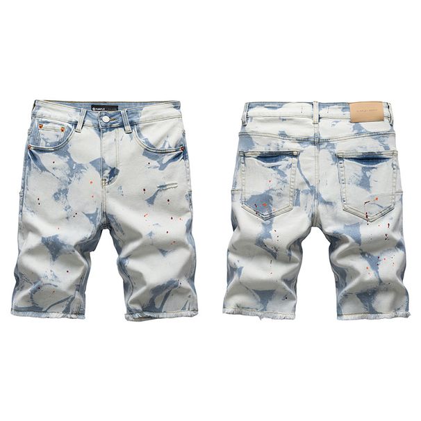 Women's High-Waisted Denim Shorts – Stretch Skinny Fit | Raw Hem & Splatter Paint Detail | Summer Casual Shorts | Sizes 28-38_mkmklike.com