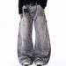 Unisex High Waist Vintage Washed Straight-Leg Jeans Relaxed Fit Distressed Details Grey S-3XL Men's Clothing Denim_mkmklike.com