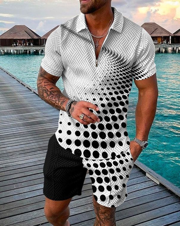 Men's Clothing new style men's fashion casual suit 3D printed zipper short sleeve polo shirt shorts 2-piece set_mkmklike.com