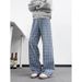 Men's Clothing Light Blue Plaid Straight Leg Jeans High Street Style Flared Trousers Men's Cleanfit Pants Vibe_mkmklike.com