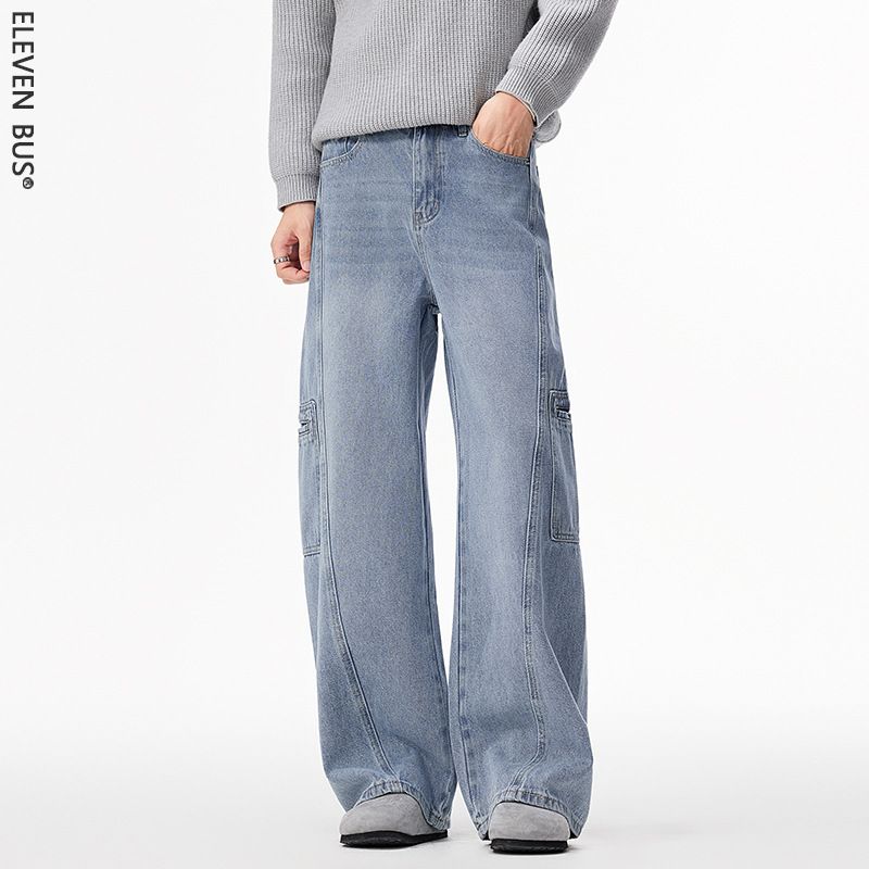 Men's Oversized Straight-Leg Jeans – Vintage Washed Denim Pants With Multi-Pocket & Streetwear Design_mkmklike.com