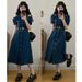 ELLE ELLE Plus Size Hong Kong Style Off-Shoulder Denim For Women, Summer Design, Waist-Cinching, Slimming, Turn-Down Collar Long_mkmklike.com