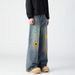 American High Street Floral Embroidery Straight Jeans For Men, Autumn Trendy Hip Hop Loose Casual Wide Leg P, Long_mkmklike.com