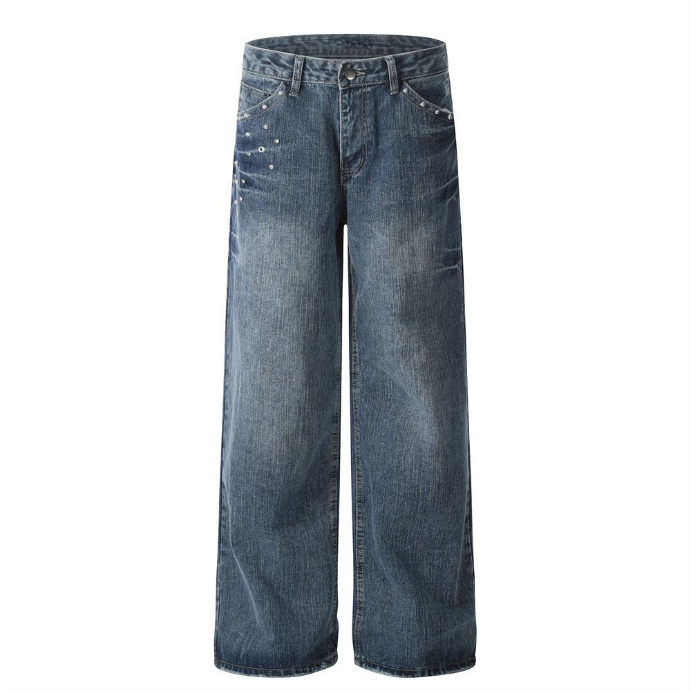 Men's Jeans Washed Distressed Vintage American High Street Design Rivet Decoration Loose Wide-Leg Straight Long Pants_mkmklike.com