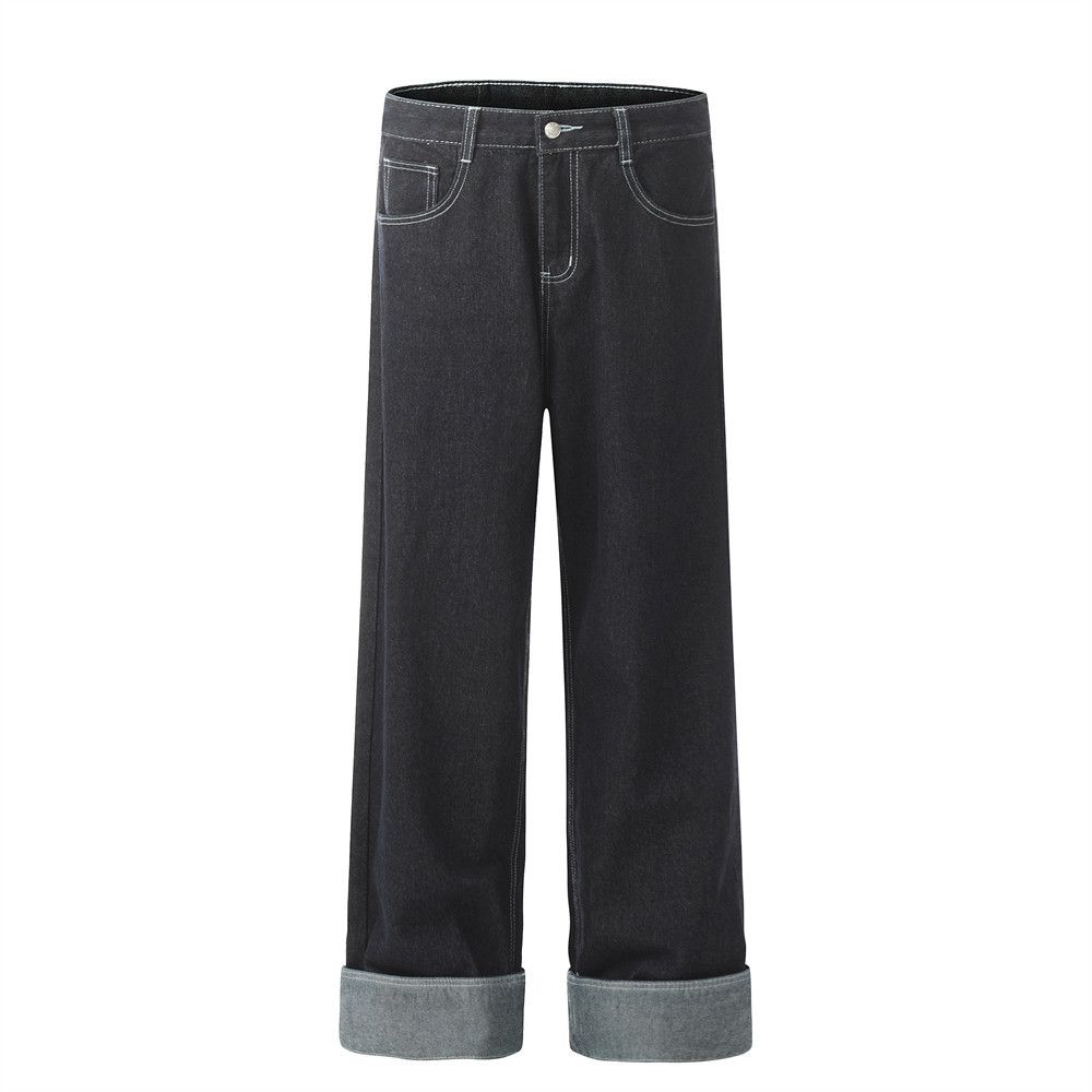Men's High Street Trendy Straight-Leg Jeans Rolled Hem, Loose Wide-Leg Pants With Unique Design_mkmklike.com