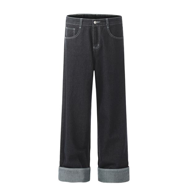 Men's High Street Trendy Straight-Leg Jeans Rolled Hem, Loose Wide-Leg Pants With Unique Design_mkmklike.com