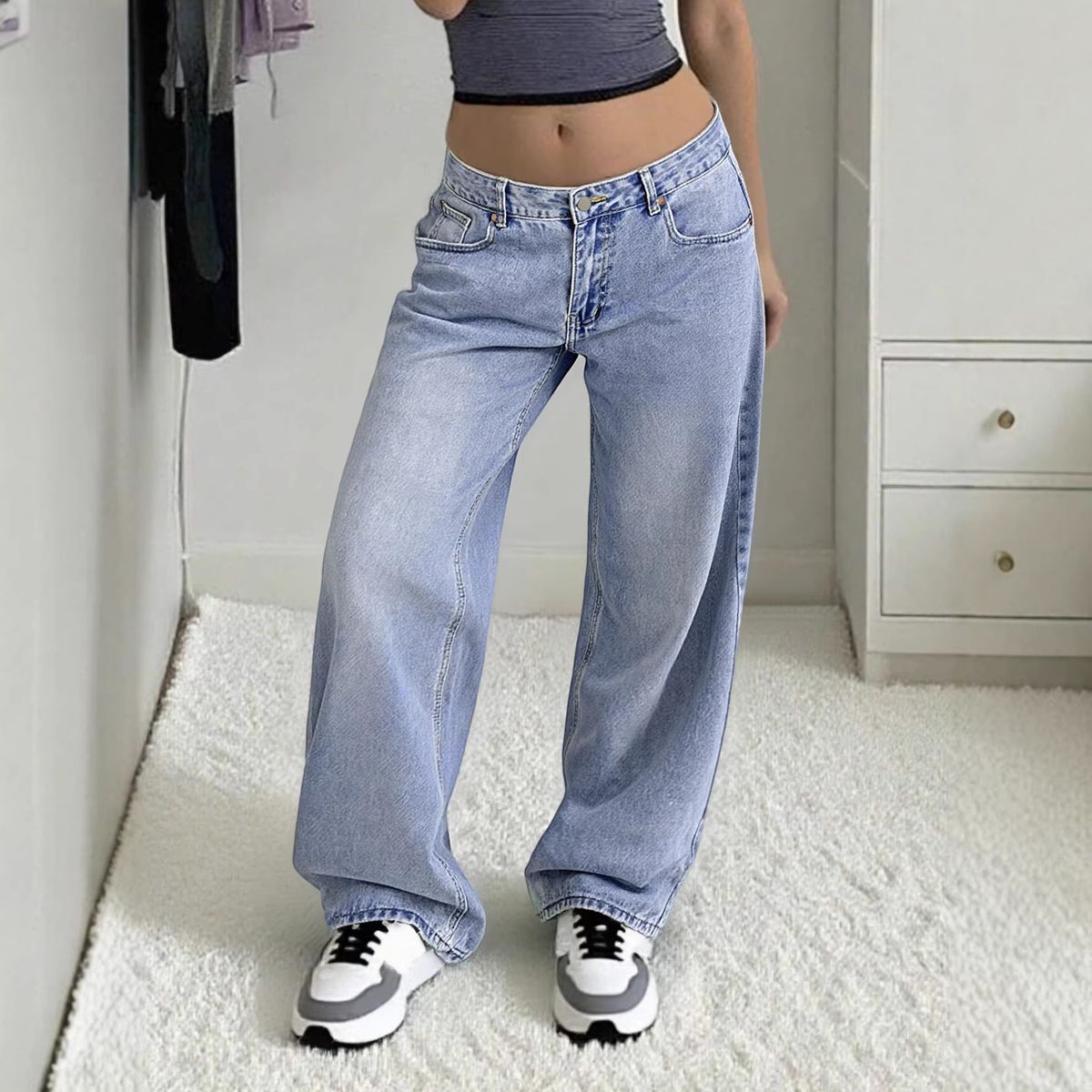 Women's Clothing Y2K Pocket Loose Casual Women's Jeans, Stylish And Loose Floor Length Wide Leg Jeans_mkmklike.com