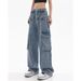American Street Hip-hop Multi-pocket Straight-leg Workwear Jeans For Women, Loose-fitting, Stylish Wide-leg Slimming_mkmklike.com