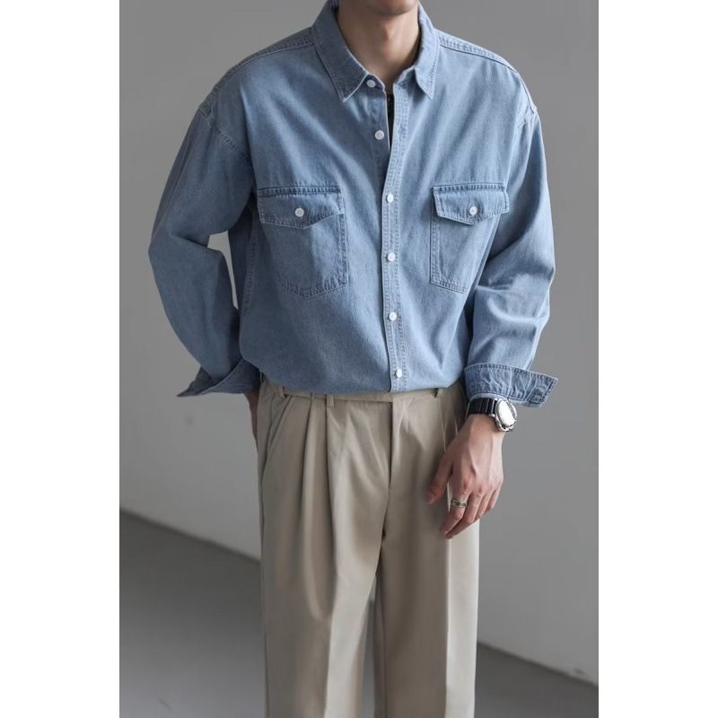 Washed Old Denim Shirt Men's Spring Korean Version Loose High-end Long-sleeved Tooling Shirt_mkmklike.com