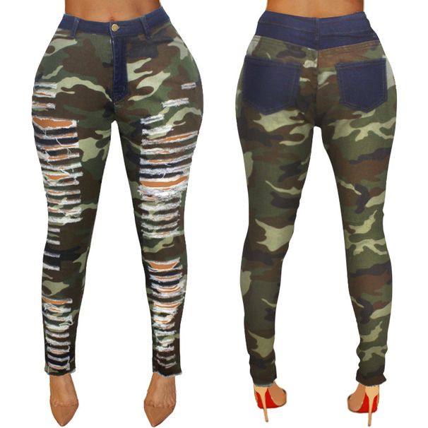 Women's Camouflage Skinny Jeans - High Waist Ripped Hem Raw Edge Stretch Pants Sexy Slim Fit Casual Pants_mkmklike.com