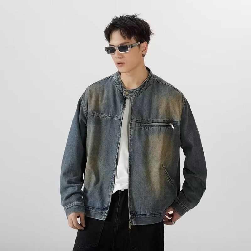 Men's Clothing Washed Retro Nostalgic Blue Denim Jacket Trendy Loose Heavy Duty Handsome Zipper Jacket Top_mkmklike.com