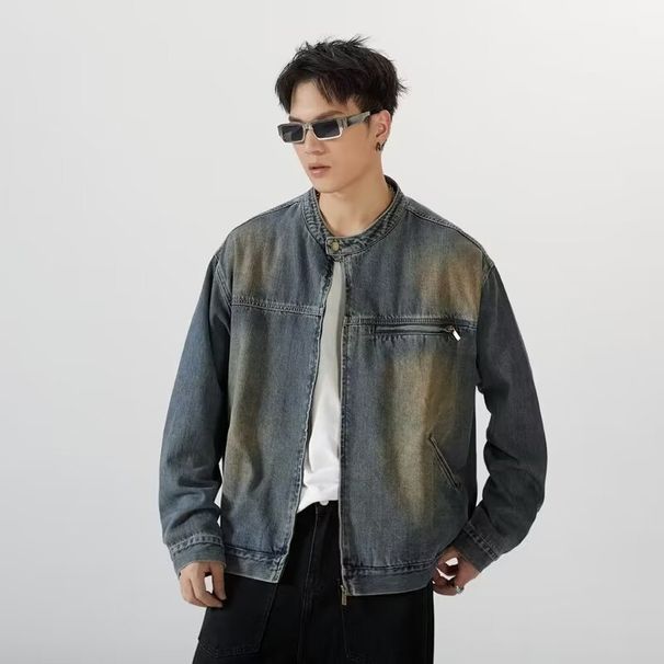 Men's Clothing Washed Retro Nostalgic Blue Denim Jacket Trendy Loose Heavy Duty Handsome Zipper Jacket Top_mkmklike.com