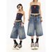 Men's Clothing Retro Washed Old Lightning Pattern Three Quarter Denim Shorts Loose Straight Wide Leg Mid Length Pants_mkmklike.com