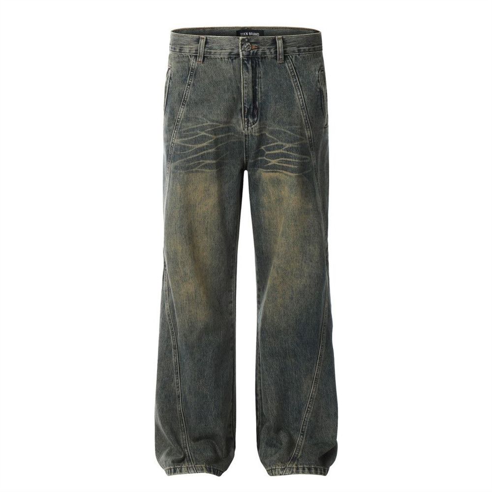 Heavy-duty Jeans For Men Punk Deconstructed Patchwork Design Washed Ripple Straight-leg Trousers Trendy_mkmklike.com